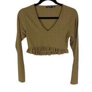 Nasty Gal Cropped Ruffle Hem Top Shirt Size 4 Small Beige Long Sleeves V-Neck